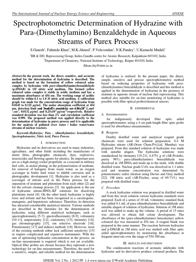Spectrophotometric Determination of Hydrazine With para