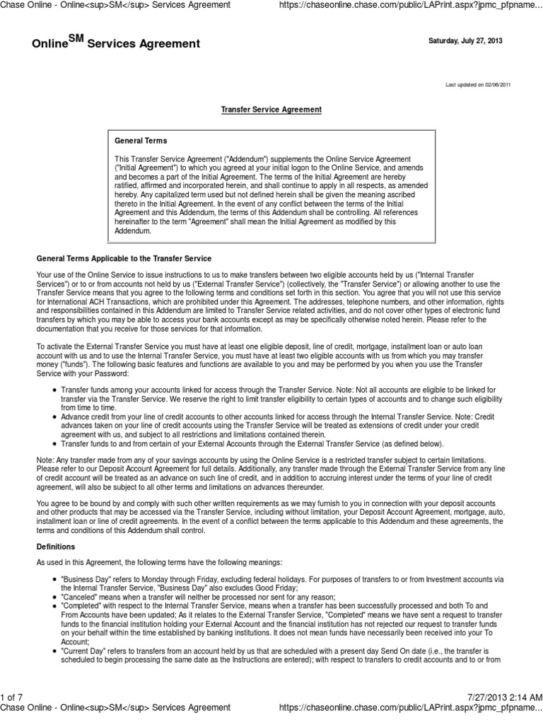 Chase Online Services Agreement PDF Debits And Credits Overdraft