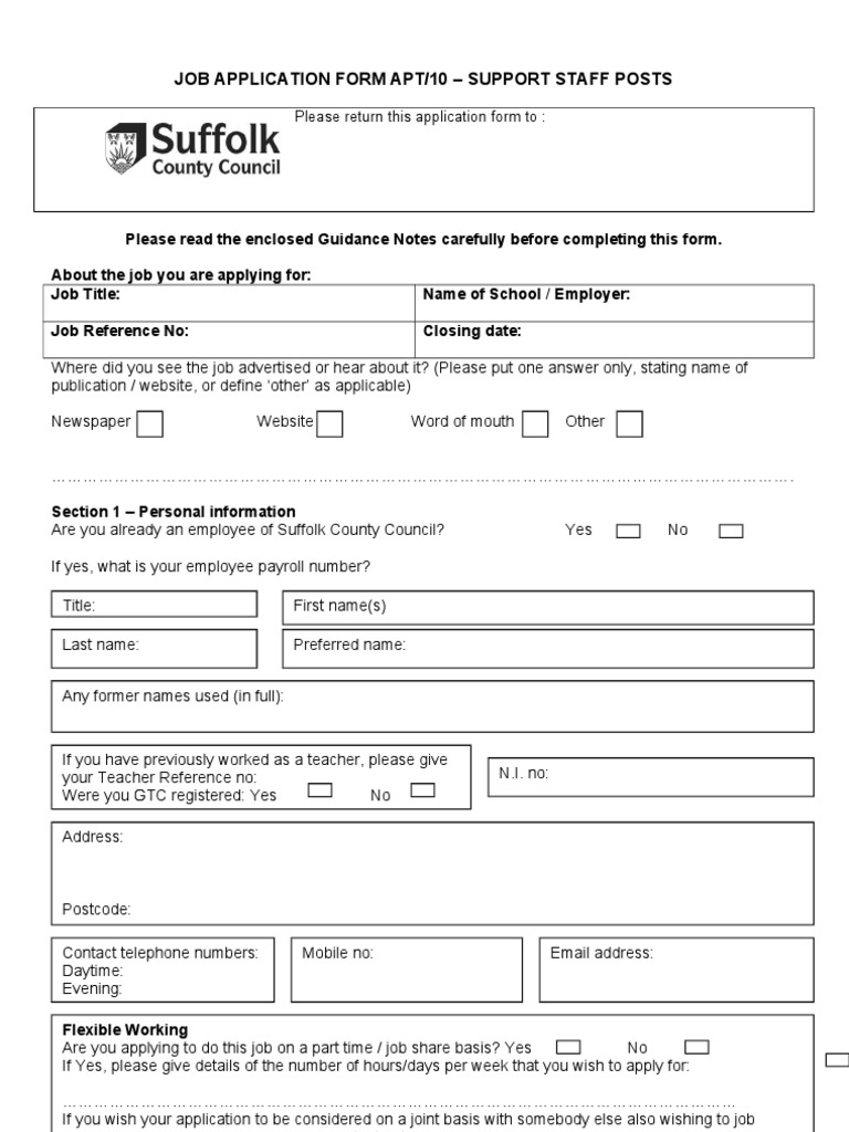 Job Application Form Apt/10 Support Staff Posts PDF Labour