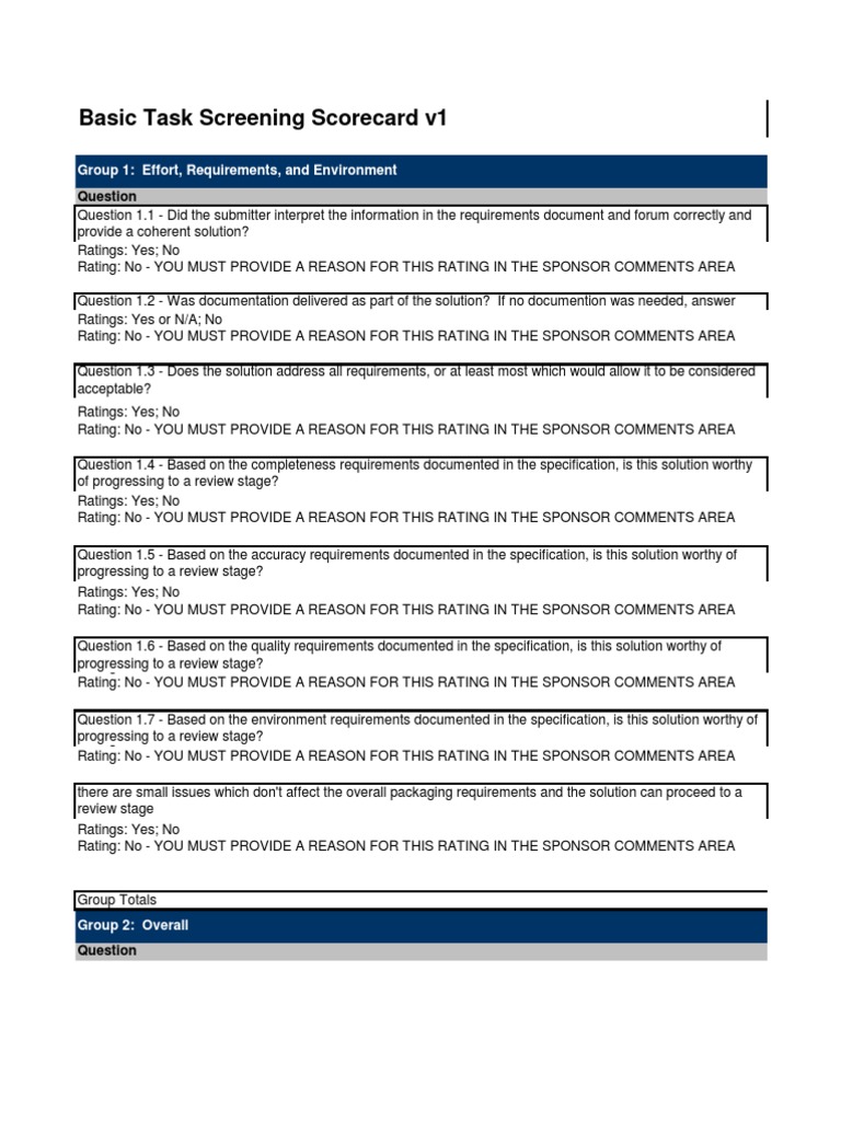 Basic Task Screening Scorecard v1: Group 1: Effort, Requirements, and ...