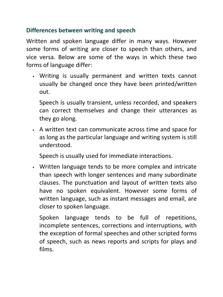 Differences Between Writing And Speech Pdf Sentence Linguistics