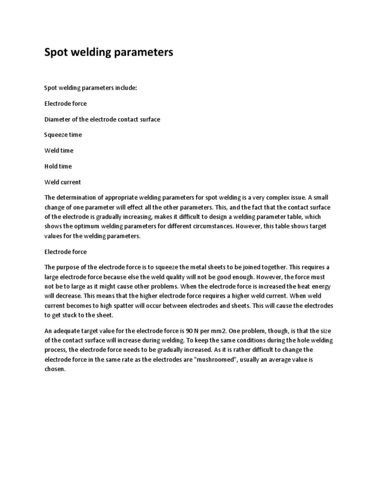 Spot Welding Parameters PDF Welding Construction