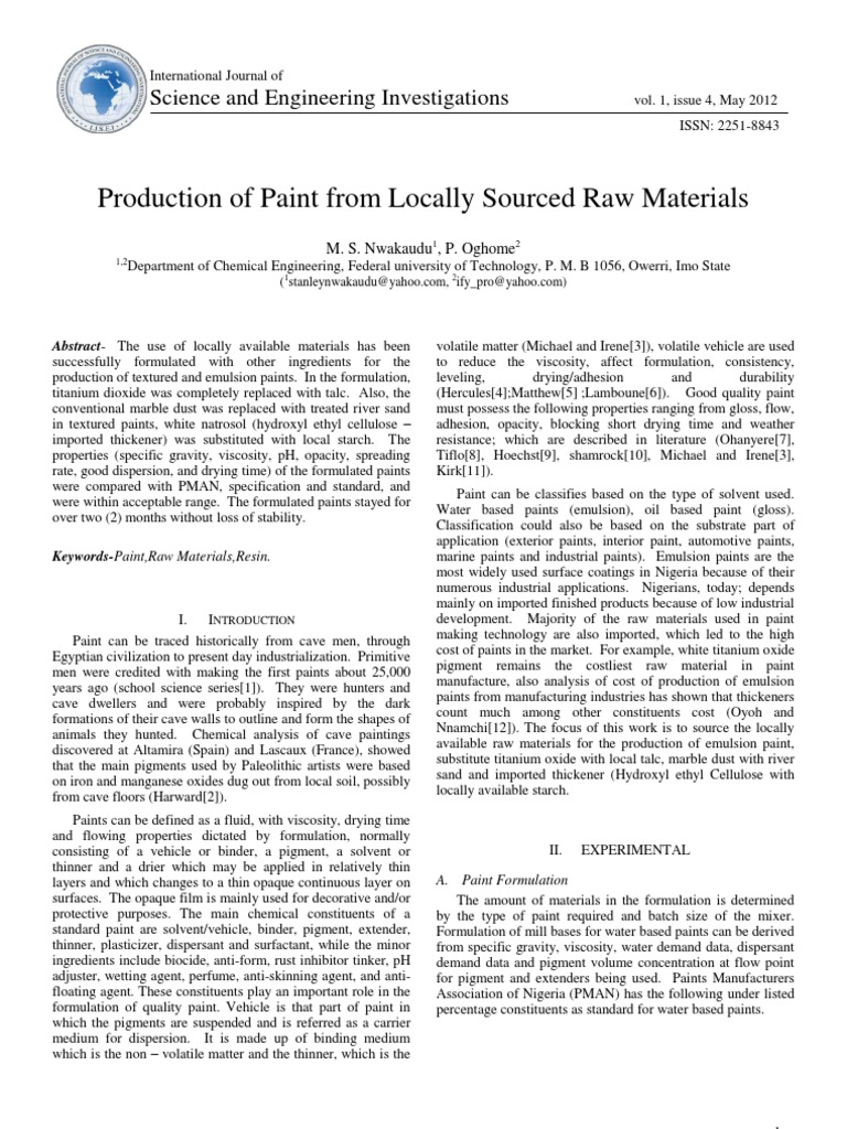 Production of Paint From Locally Sourced Raw Materials PDF Paint