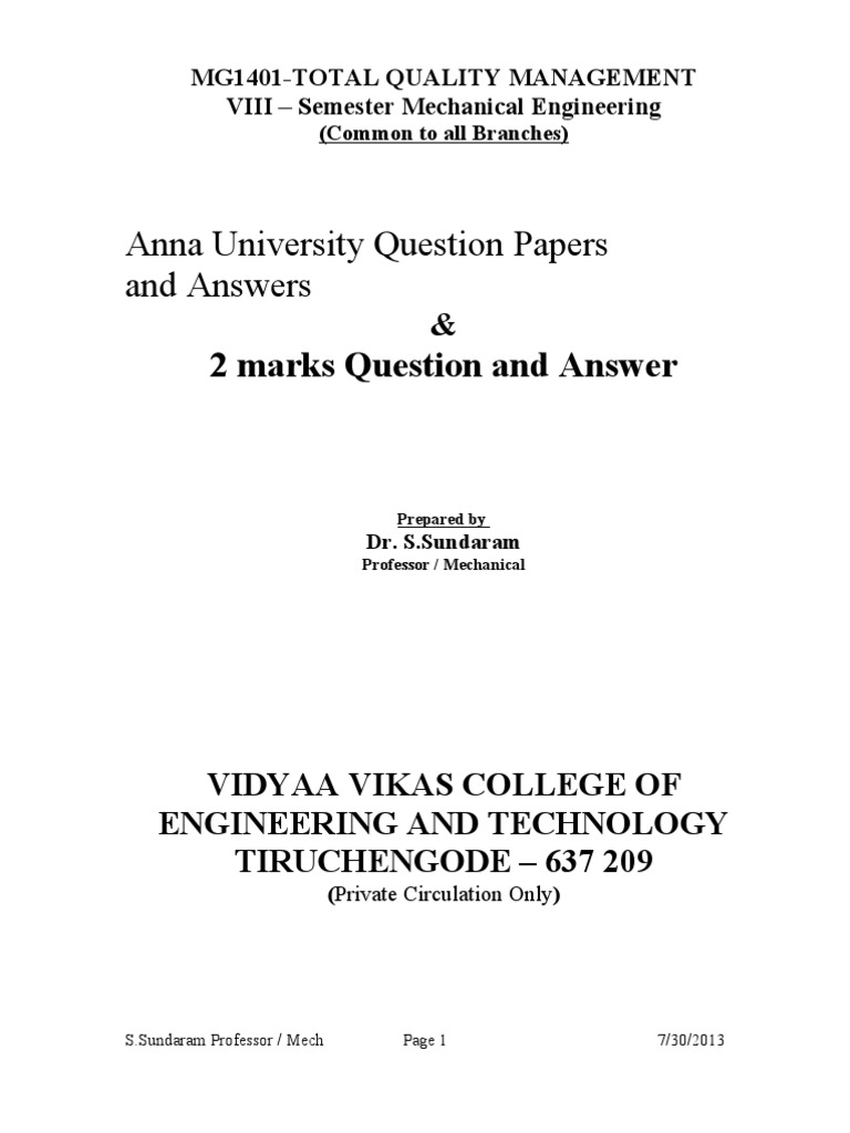 Anna University TQM Question Papers | PDF | Iso 9000 | Quality ...