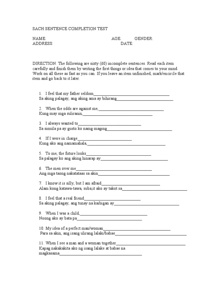 Sach's Sentence Completion Test | PDF