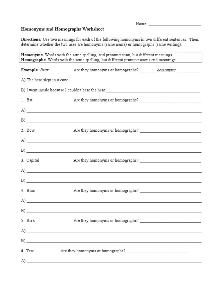 Homonyms and Homographs Worksheet | PDF
