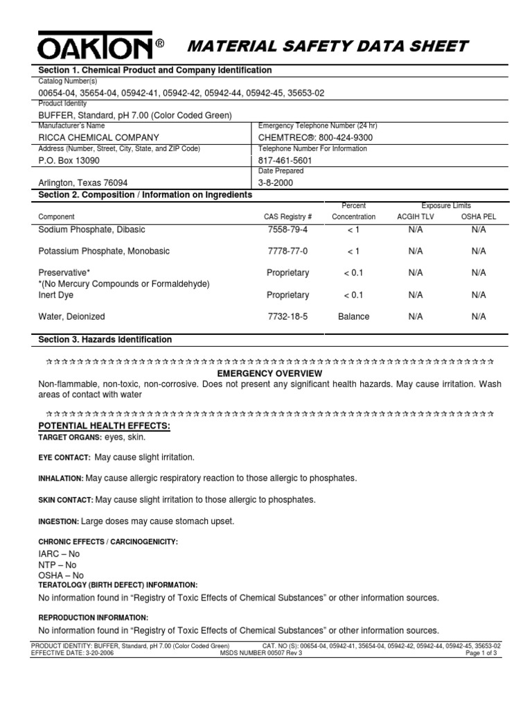 Buffer Solution Ph 7.00 Sds