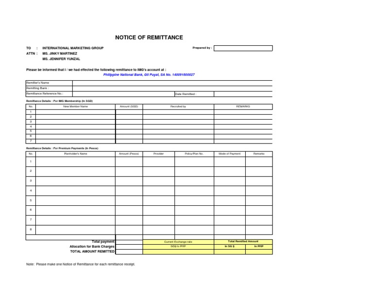 Notice of Remttance Form - SG | PDF | Remittance | World Economy