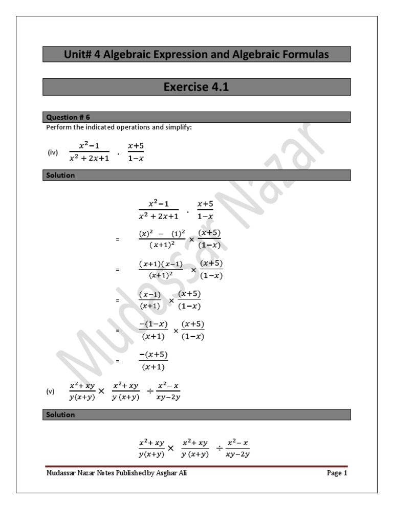 Unit# 4 Algebraic Expressions and Algebraic Formulas Exercise 4.1 | PDF ...