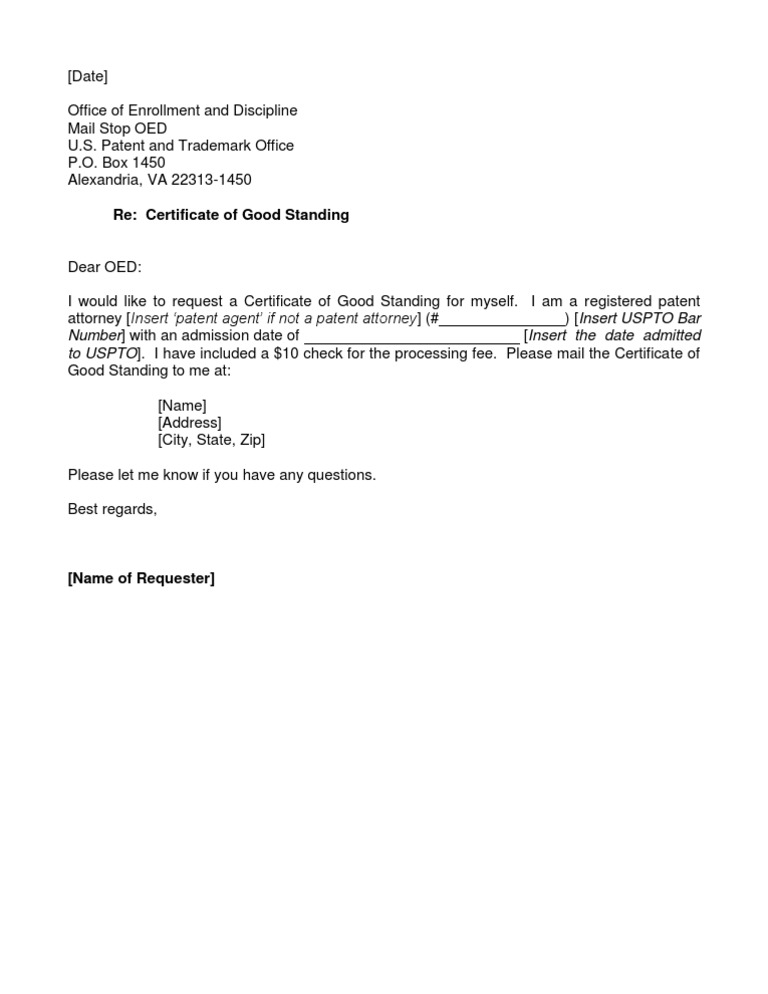 USPTO OED Certificate of Good Standing Request Letter