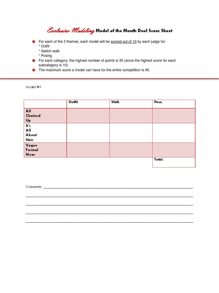 Exclusive Modeling Model of The Month Duel Score Sheet | PDF | Teaching ...