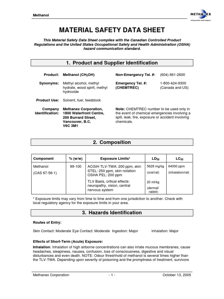 Methanol (Ch3oh) Msds Methanol Personal Protective Equipment