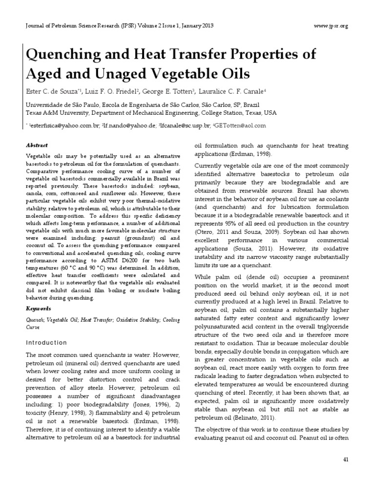 Quenching and Heat Transfer Properties of Aged and Unaged Vegetable Oils PDF Vegetable Oil