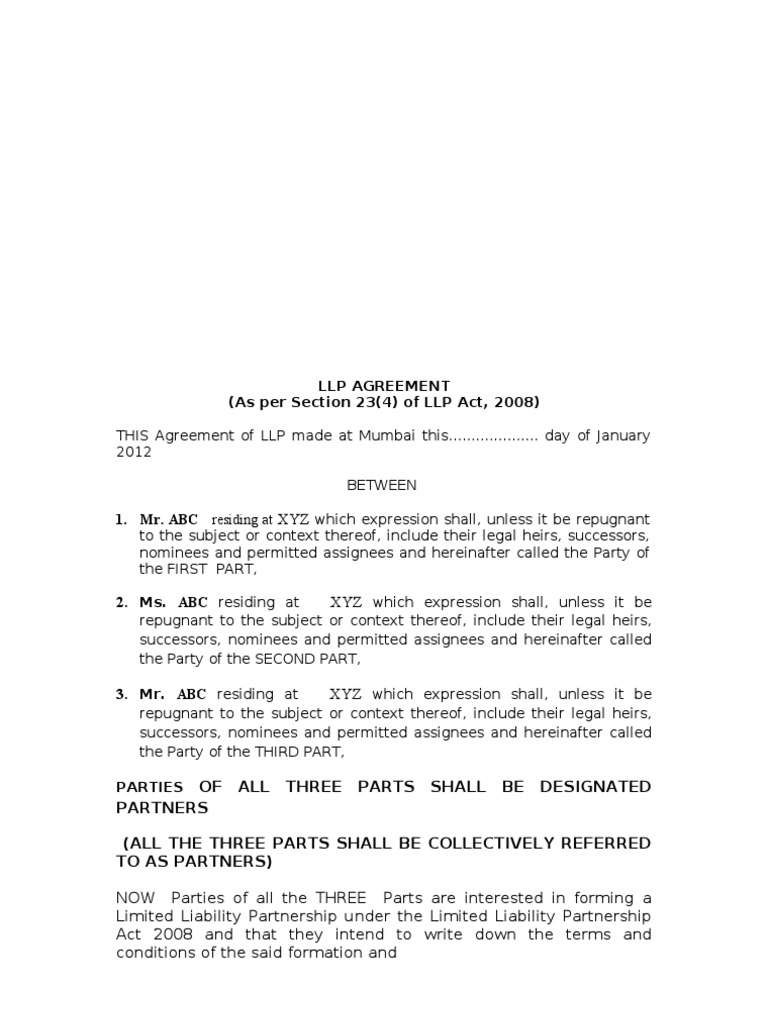Sample Llp Agreement Limited Liability Partnership Business