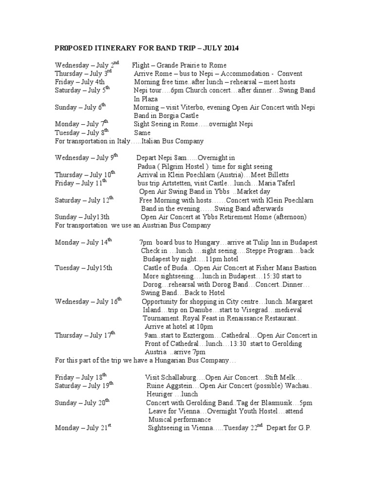Proposed Itinerary For Band Trip PDF