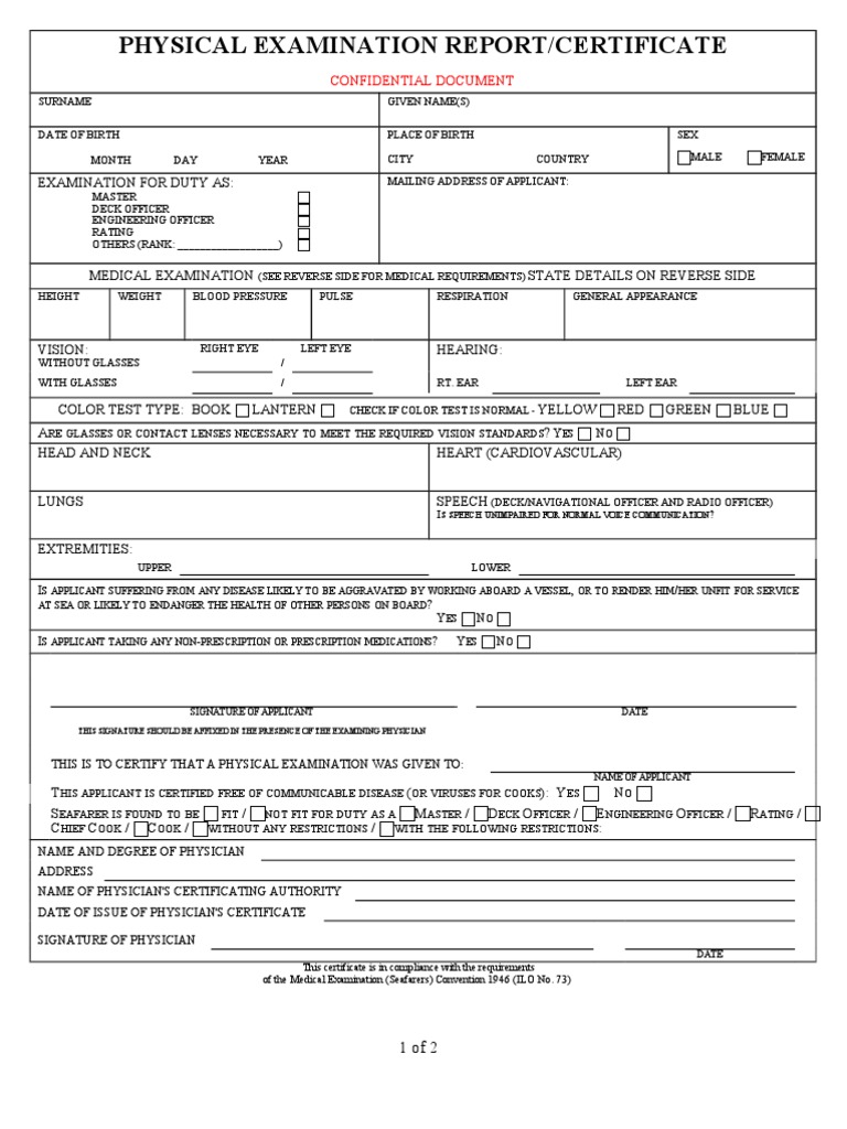 Medical Examination Form MLC 2013 PDF Physical Examination Glasses