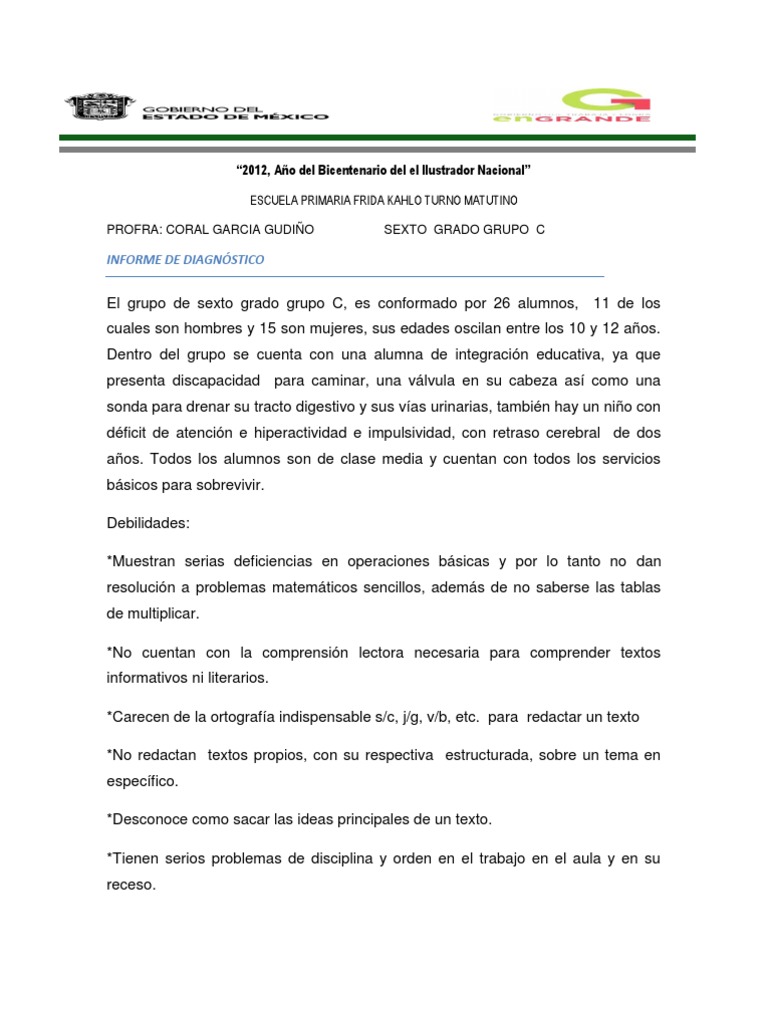 Informe de Diagnóstico de Sexto Grado Grupo C. 2013 | PDF