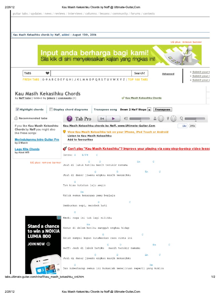 Print Kau Masih Kekasihku Chords By Naff Ultimate Guitar