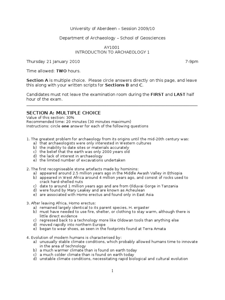 AY1001 Introduction to Archaeology 1 Exam Paper Homo Archaeology