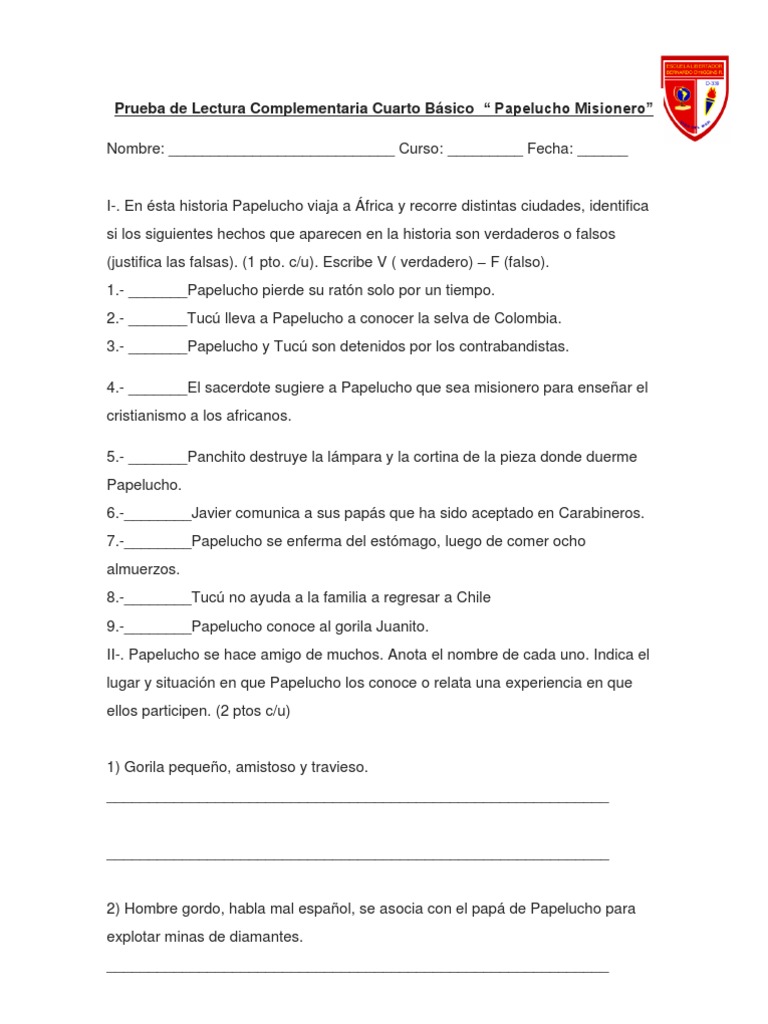 Prueba de Lectura Complementaria Cuarto Básico papelucho misionero