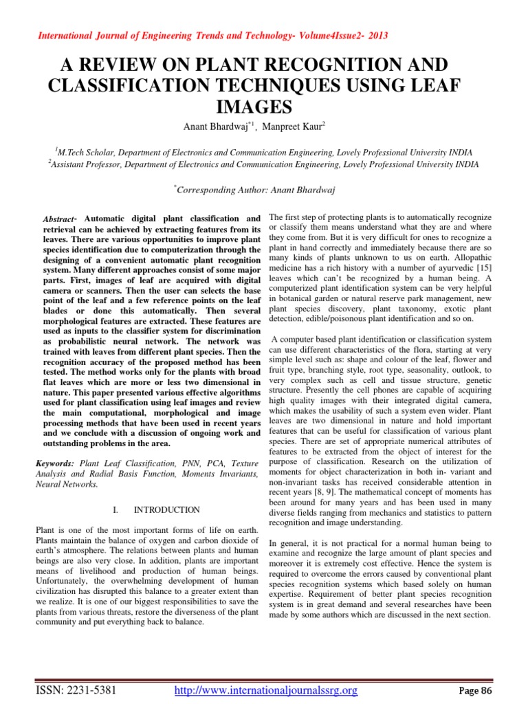 A Review On Plant Recognition And Classification Techniques Using Leaf