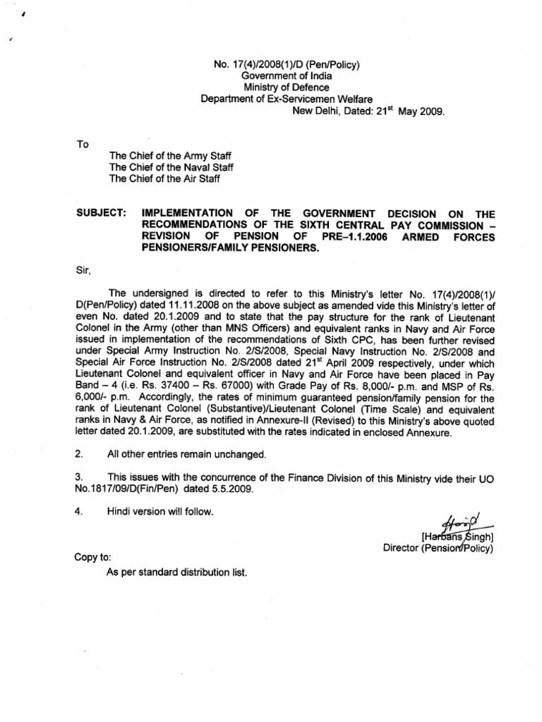 Lt Col Pension Orders