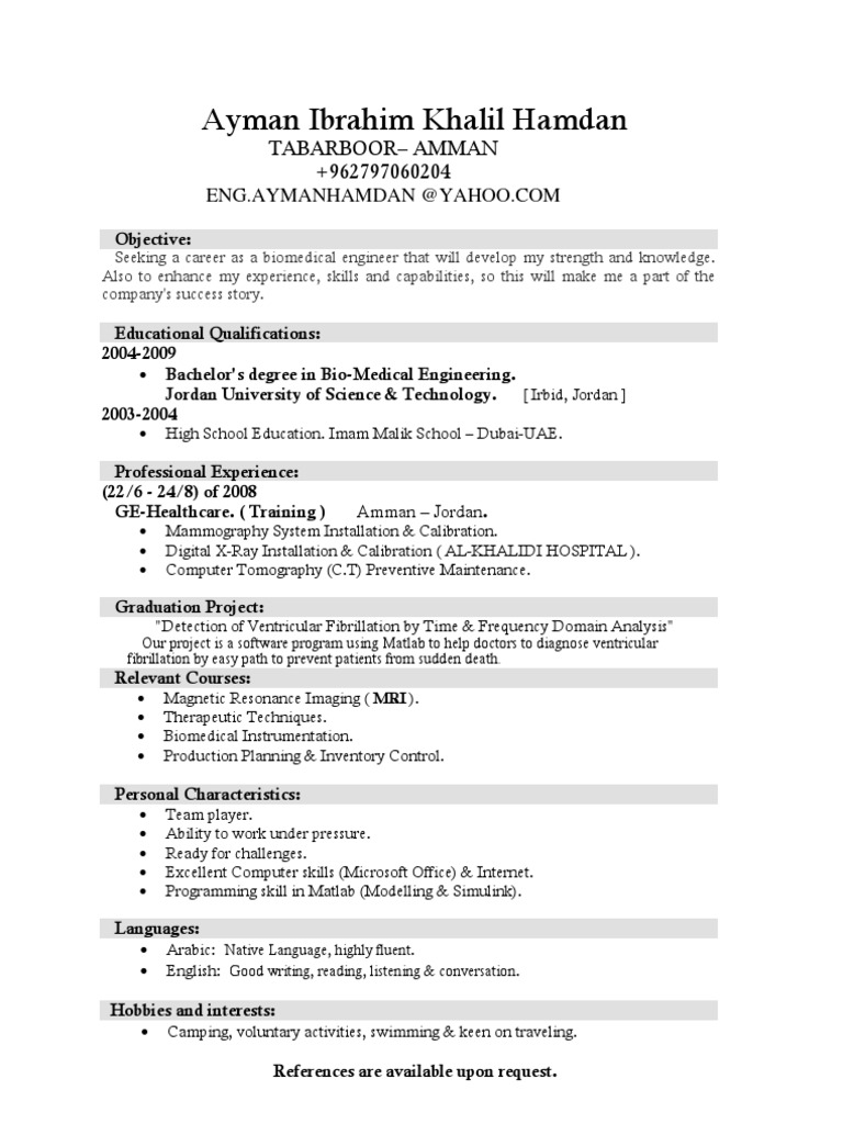 Resume Resume Biomedical Engineering biomedical engineer cv