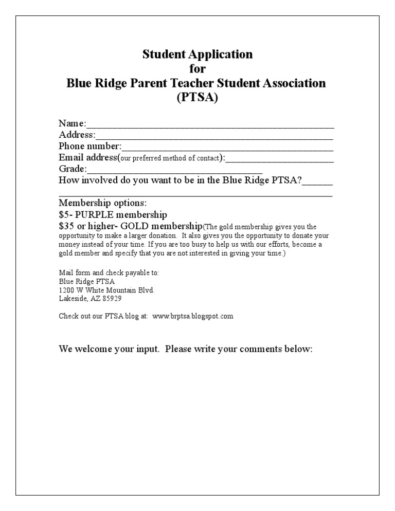 Blue Ridge PTSA Student Application Form | PDF | Career & Growth