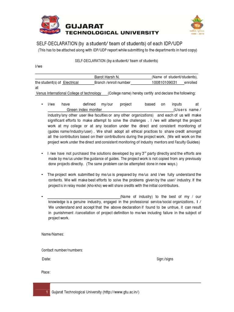 Student Self-Declaration for Project Submission | PDF