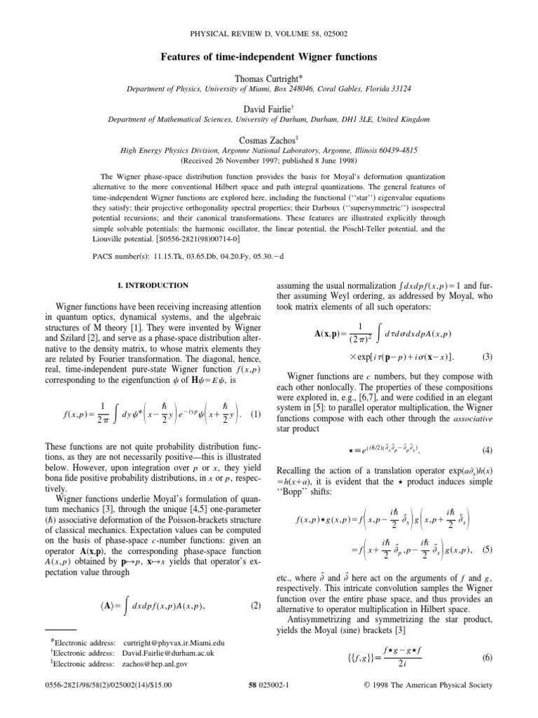 S D S D Features of TimeIndependent Wigner Functions PDF Wave