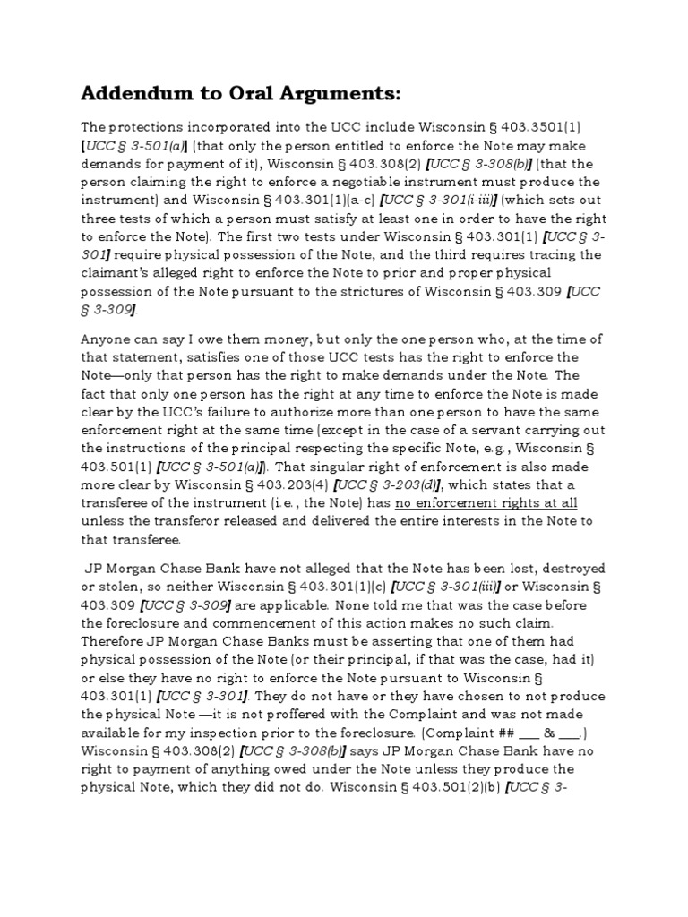 Addendum 2 Oral Arguments PDF Negotiable Instrument Complaint