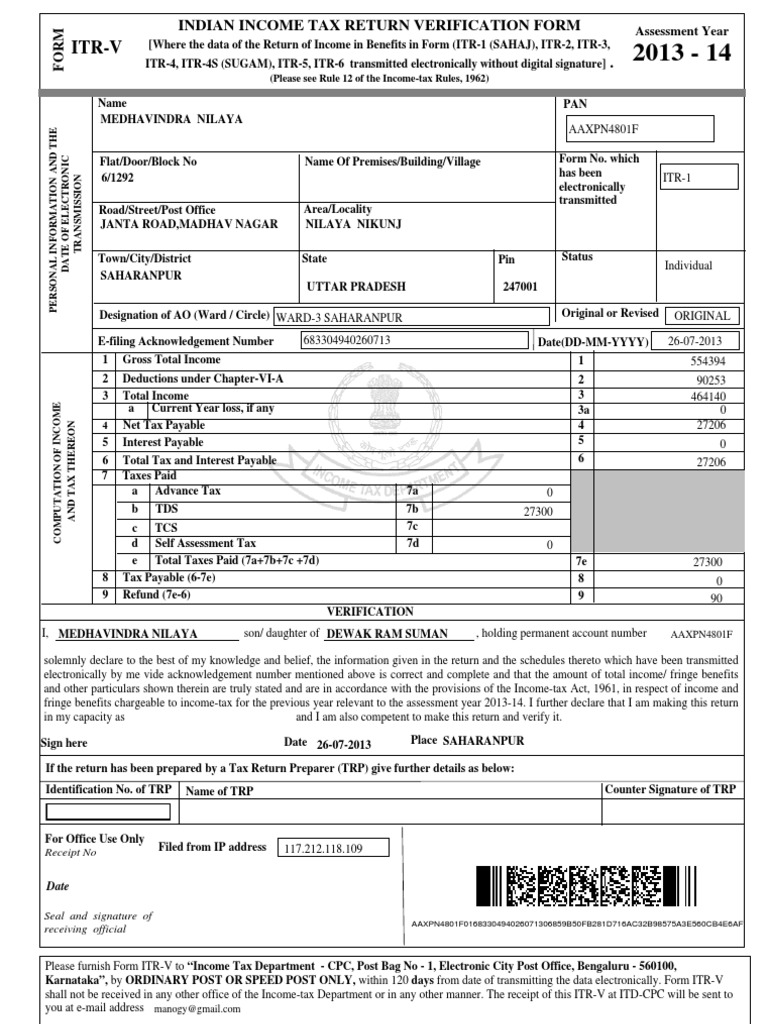 Itr-V: (Please See Rule 12 of The Income-Tax Rules, 1962) | PDF ...