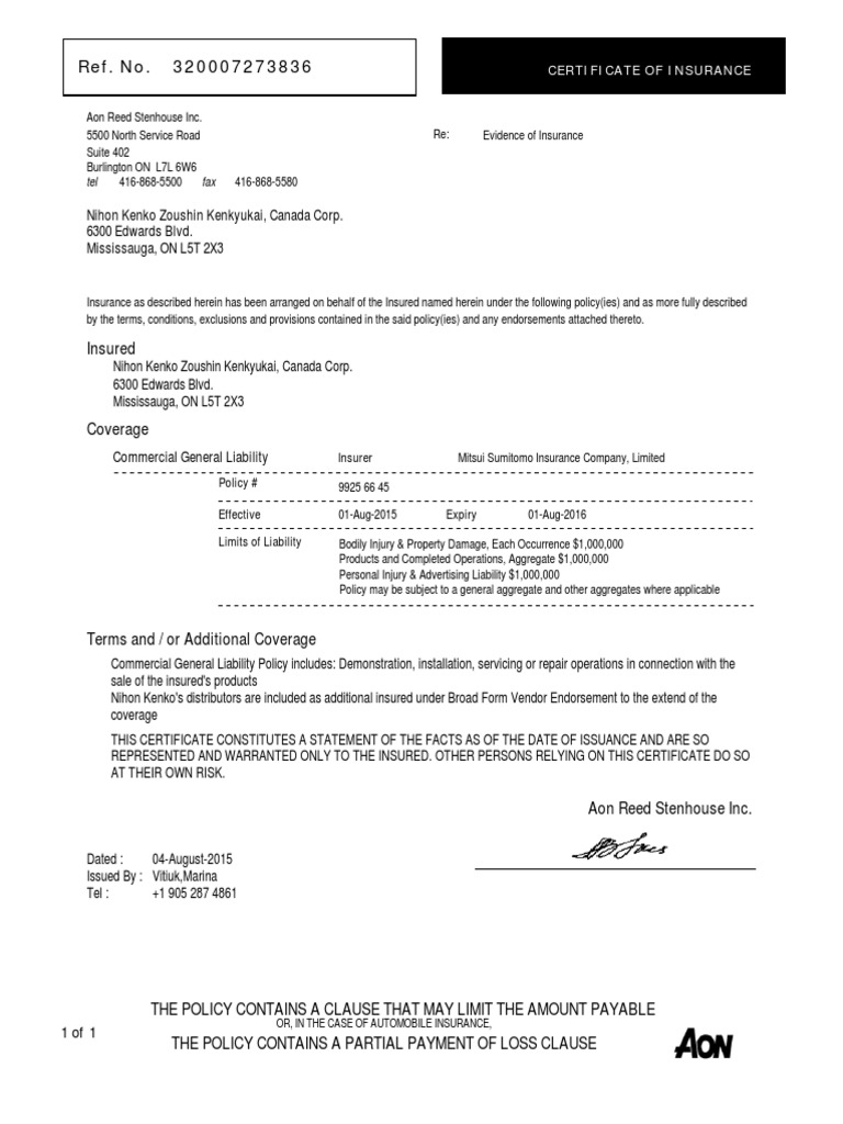 Certificate of Liability Insurance CN Liability