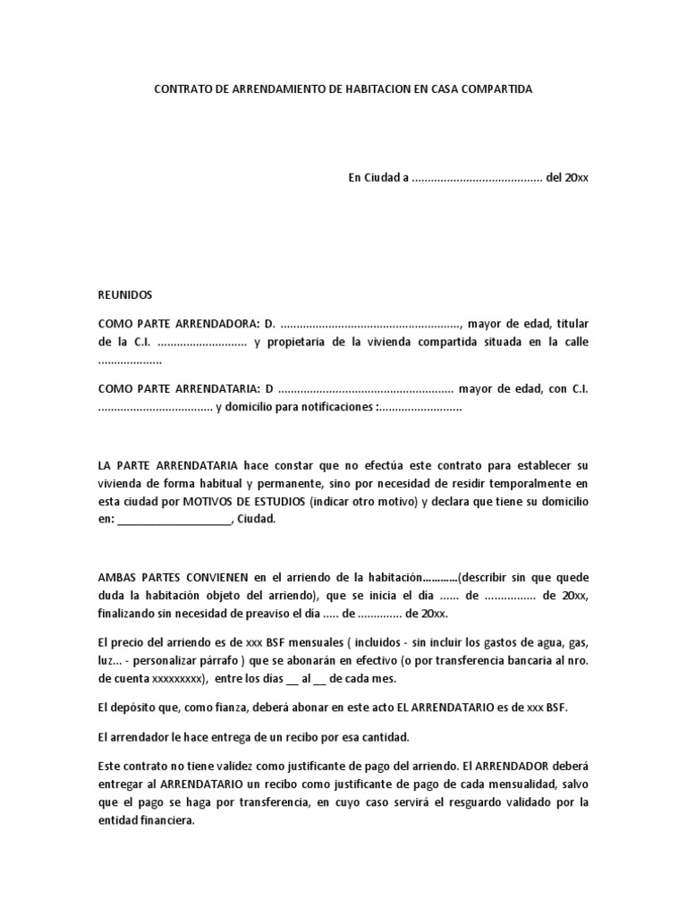 Contrato de Arrendamiento de Habitacion en Casa Compartida