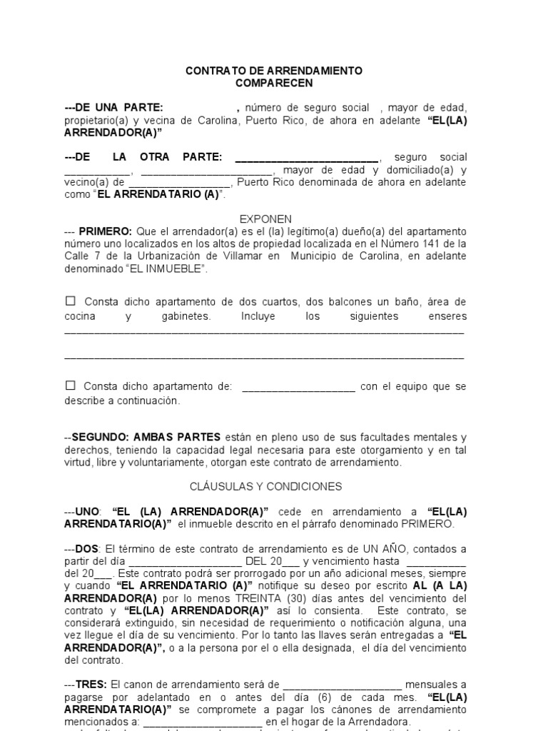 Contrato de Arrendamiento Formulario Propiedad Alquiler