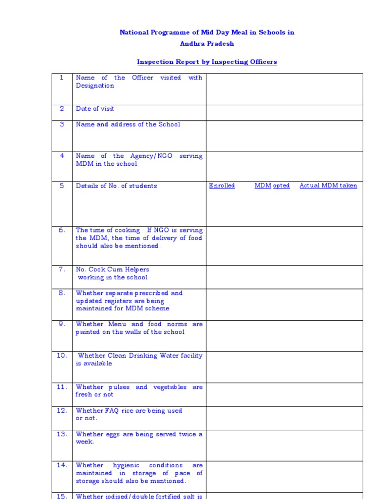Inspection Format On DSE, AP, Hyd | PDF | Kitchen | Foods