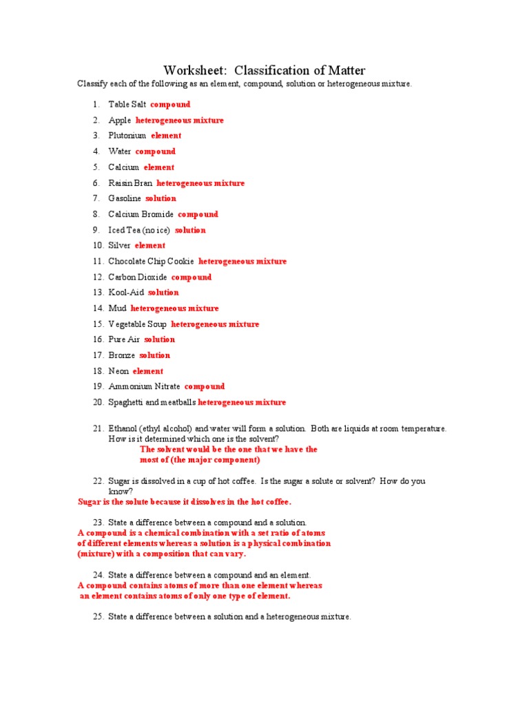 Worksheet - Classification of Matter - Key  PDF Regarding Classifying Matter Worksheet Answers