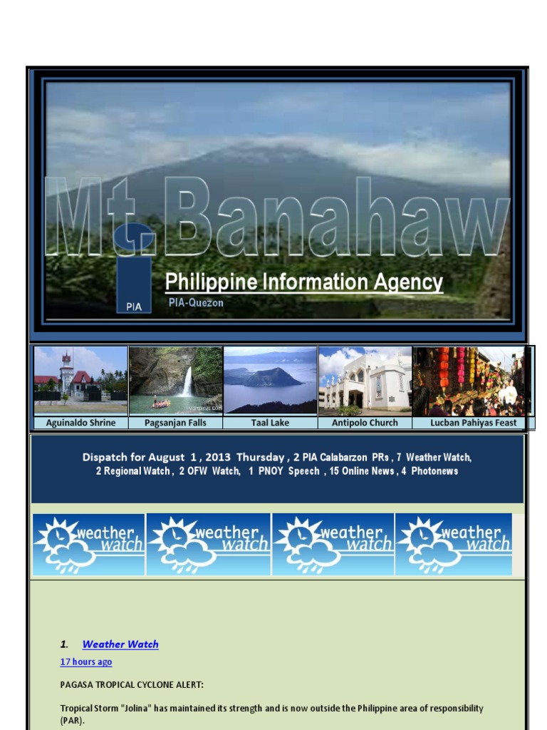 Dispatch PRs ... Calabarzon , for 2013 August PIA 1 , 2 Thursday