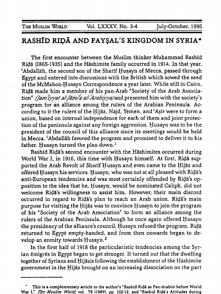 Rashid Rida and Faysal's Syrian Rule | PDF | Pan Arabism | Syria
