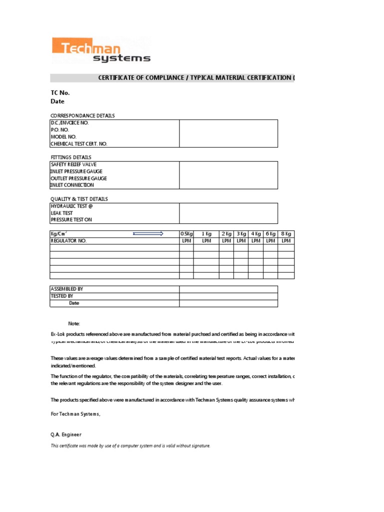 Pressure Test Certificate Template | PDF