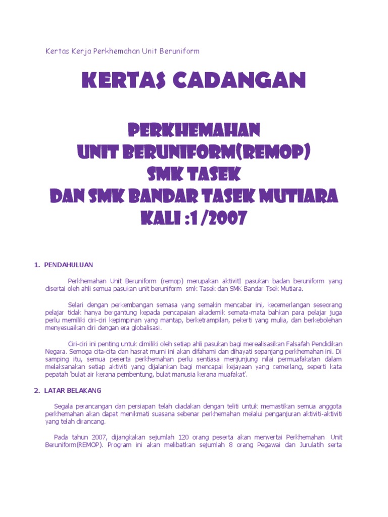 Kertas Kerja Perkhemahan Unit Beruniform Pdf