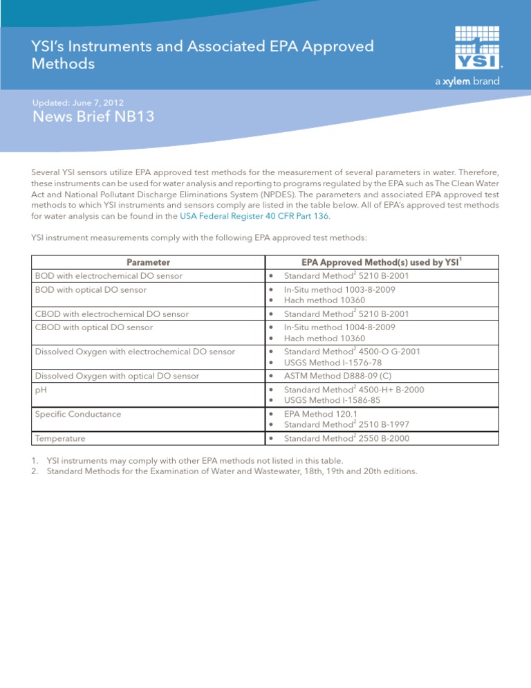 YSI Sensors and EPA Water Testing Methods | PDF