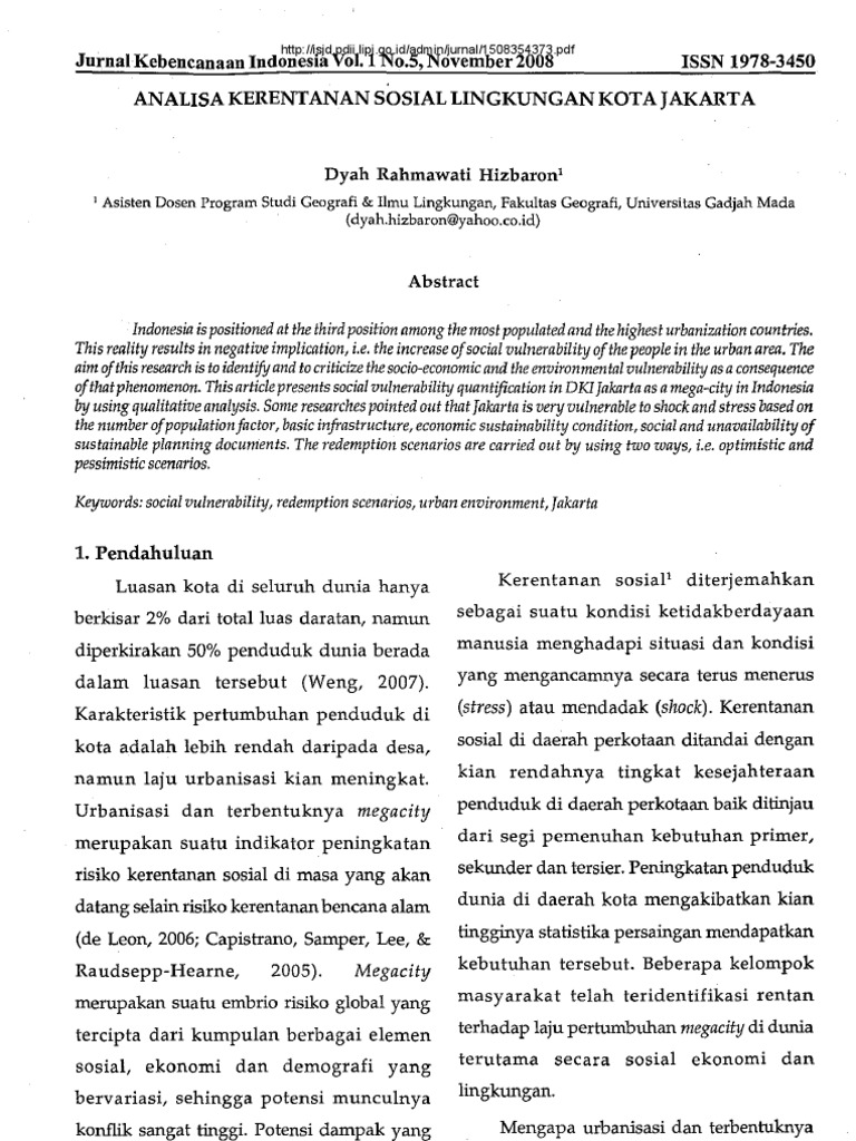 Analisa Kerentanan Sosial Lingkungan Kotajakarta Pdf