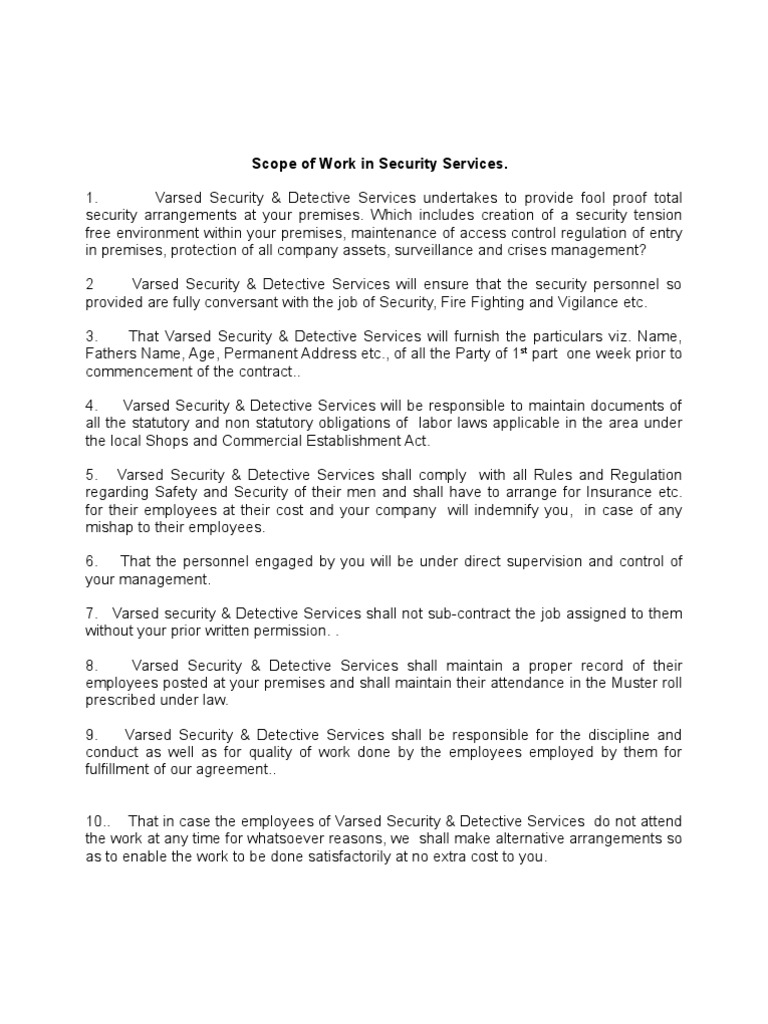 Scope of Work Security PDF Security Guard Employment