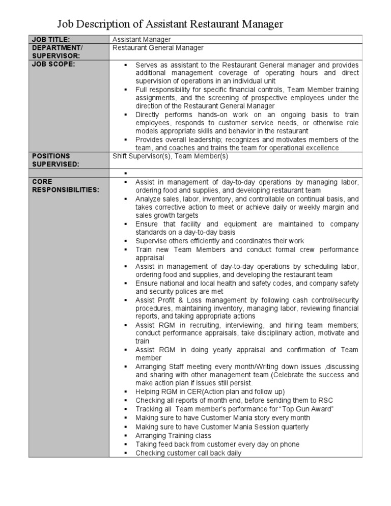Assistant Restaurant Manager Overview | PDF | Employment | Performance ...
