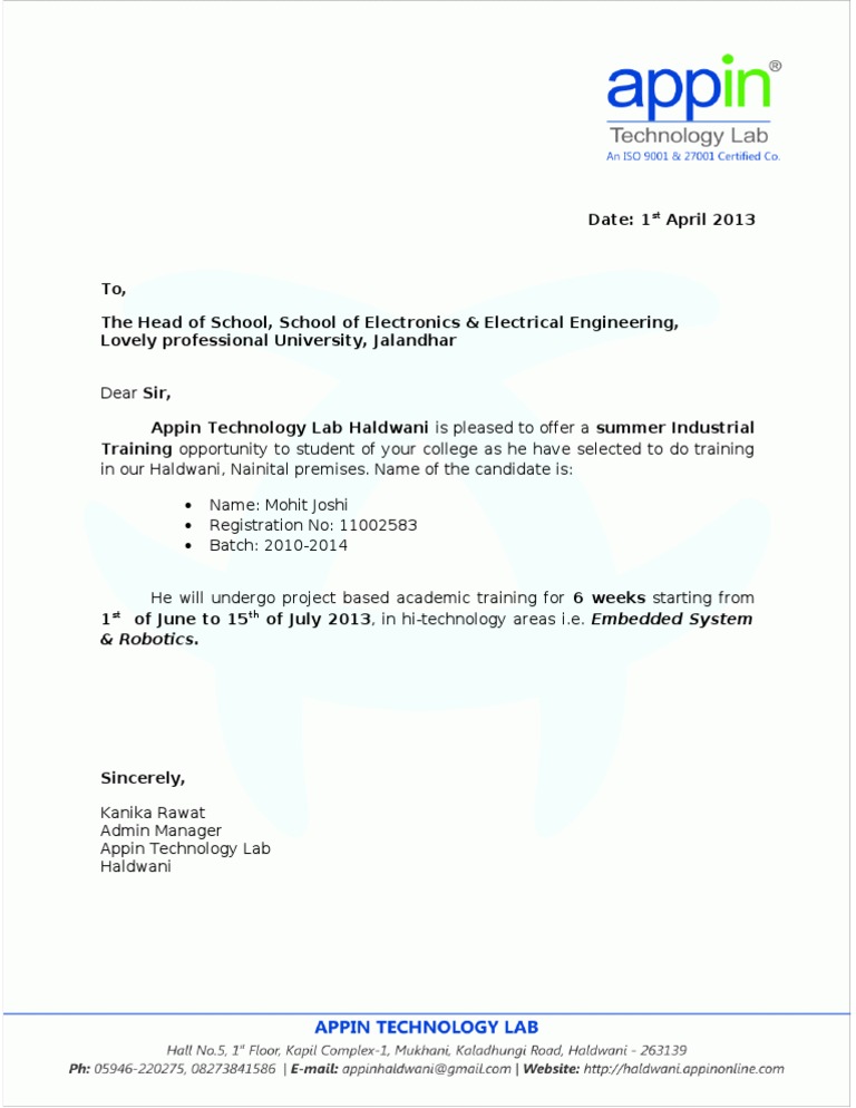 application letter for training sample