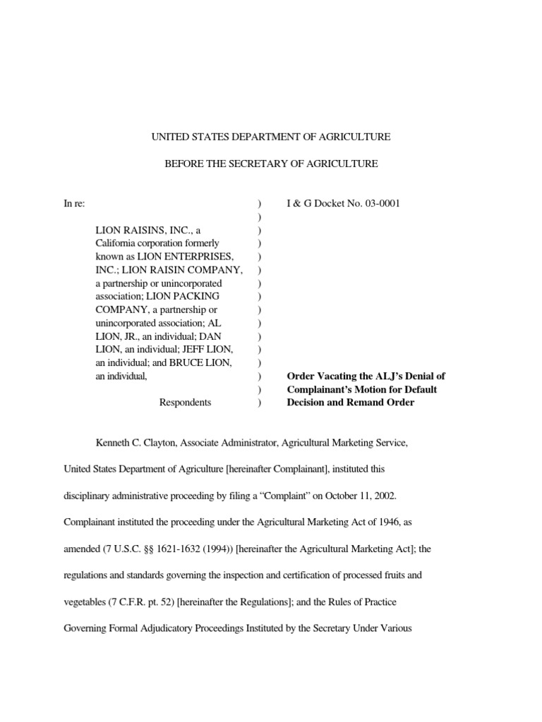 USDA Order on Lion Raisins Default Case | PDF