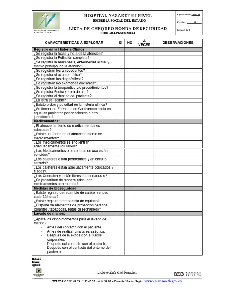 Lista de Chequeo Ronda de Seguridad | PDF | Historial médico | Ambulancia