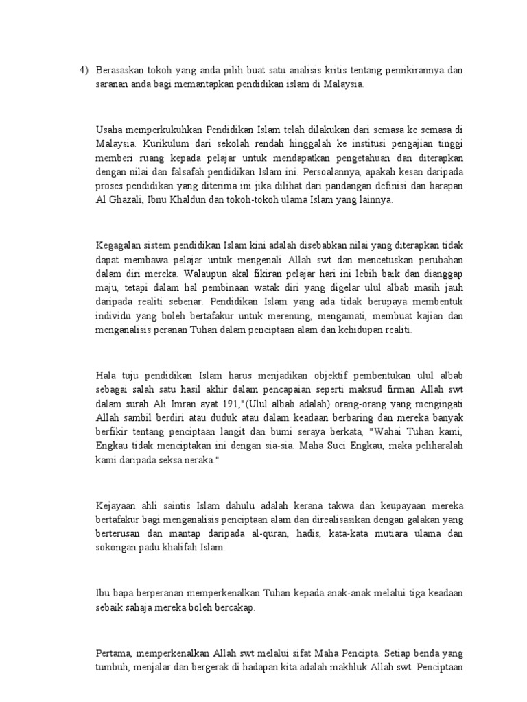 Analisis Kritis Tentang Pemikirannya Dan Saranan Anda Bagi Memantapkan Pendidikan Islam Di Malaysia Pdf