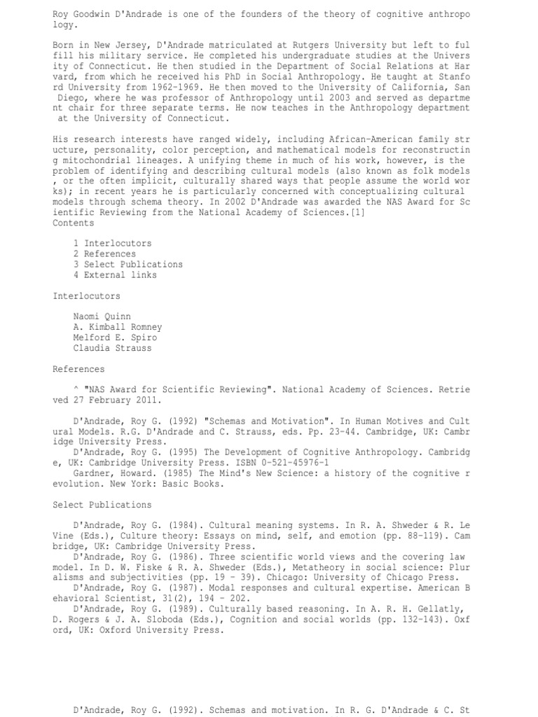 Roy Goodwin D'Andrade | PDF | Anthropology | Conceptual Model